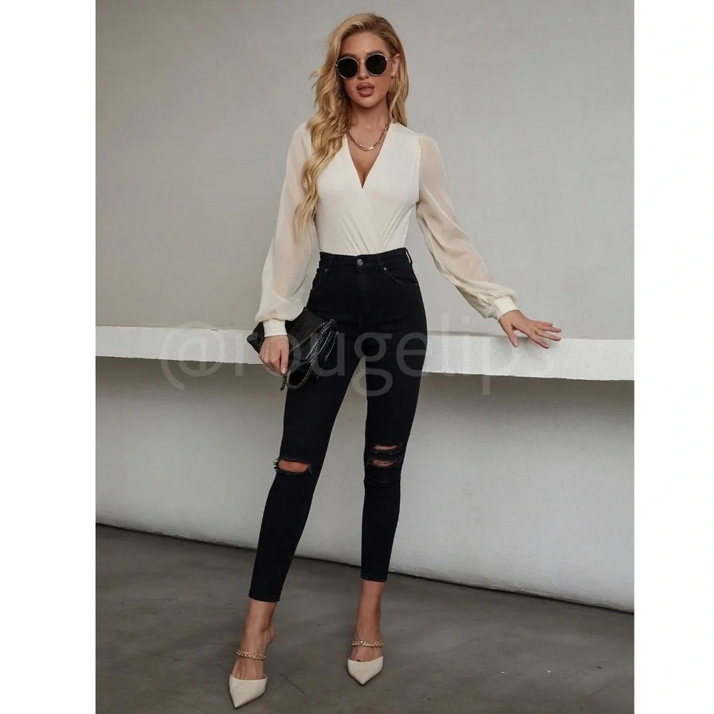 Beige Elegant V neck Bodysuit Surplice Decolleté V-Neck Long Bishop Sheer Sleeve - Picture 6 of 8